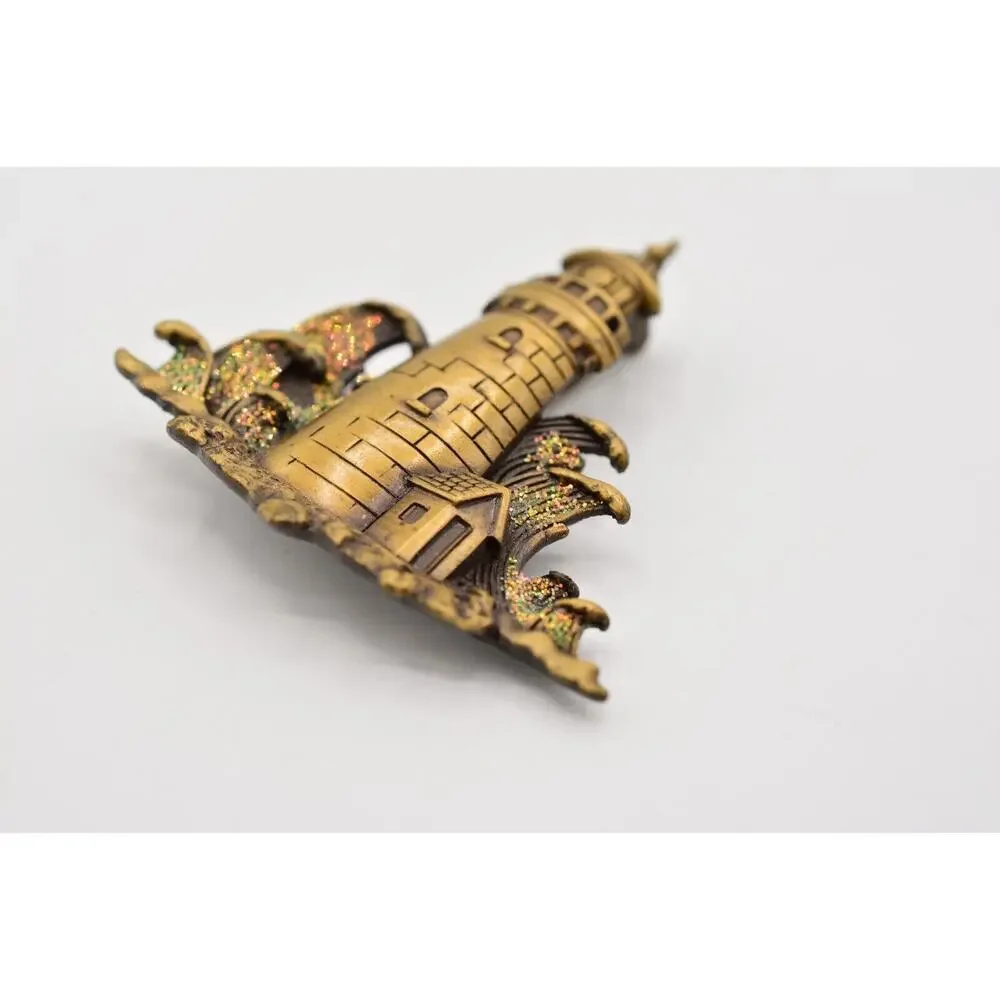 JJ Vintage Lighthouse Pin Brooch Glitter Beach Waves Bronze Signed 1980s BinAH